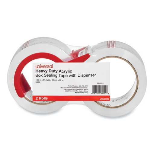 Picture of Heavy-Duty Acrylic Box Sealing Tape With Dispenser, 3" Core, 1.88" X 54.6 Yds, Clear, 2/pack