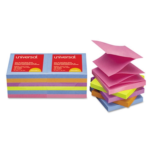 Picture of Fan-Folded Self-Stick Pop-Up Note Pads, 3" x 3", Assorted Bright Colors, 100 Sheets/Pad, 12 Pads/Pack