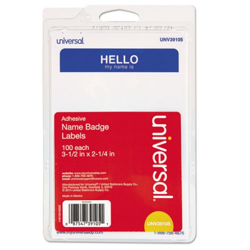 Picture of Hello Self-Adhesive Name Badges, 3.5 x 2.25, White/Blue, 100/Pack