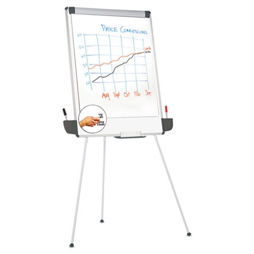 Picture of Dry Erase Board with Tripod Easel and Adjustable Pen Cups, 29 x 41, White Surface, Silver Frame