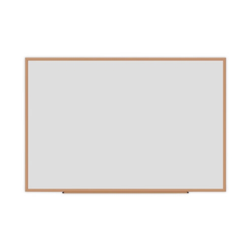 Picture of deluxe melamine dry erase board, 72 x 48, melamine white surface, oak fiberboard frame