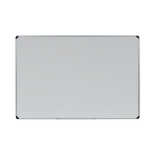 Picture of deluxe porcelain magnetic dry erase board, 72 x 48, white surface, silver/black aluminum frame