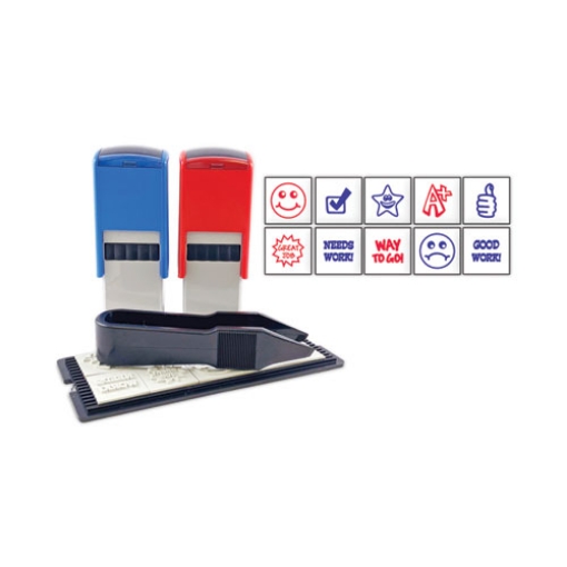 Picture of Printy 10-in-1 Self-Inking Teacher Stamp, Incudes 10 Dies, 0.63" Diameter, Blue/Red