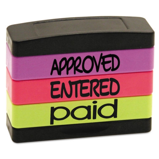 Picture of Interlocking Stack Stamp, Approved, Entered, Paid, 1.81" X 0.63", Assorted Fluorescent Ink