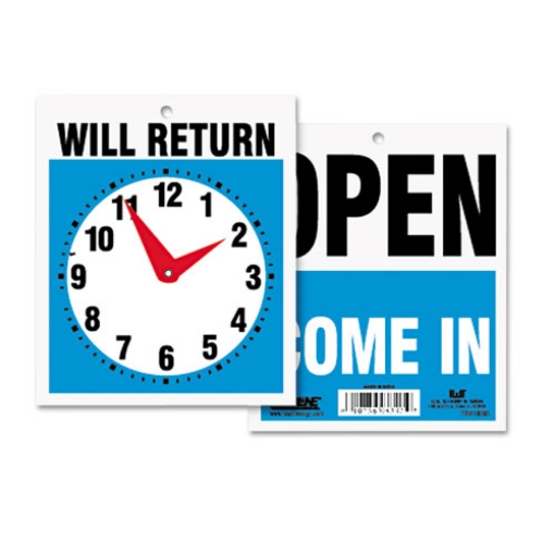 Picture of Double-Sided Open/Will Return Sign with Clock Hands, Plastic, 7.5 x 9