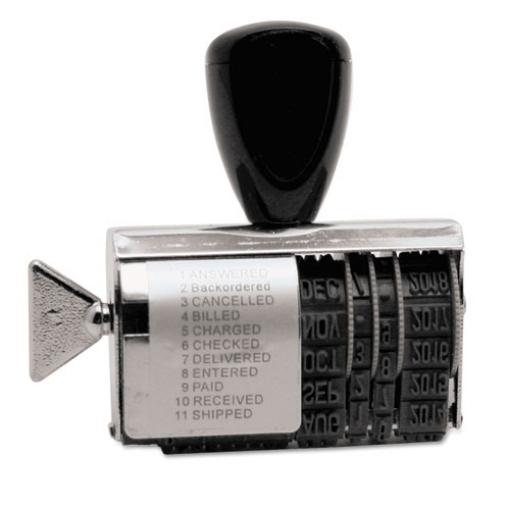 Picture of Rubber 11-Message Dial-A-Phrase Date Stamp, Conventional, 2" x 0.38"