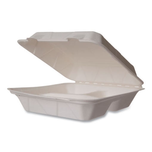 Picture of White Molded Fiber Clamshell Containers, 3-Compartment, 9 x 18 x 2, White, Sugarcane, 200/Carton