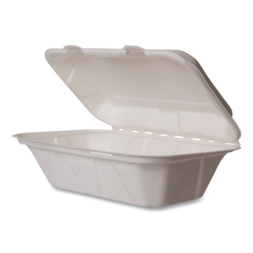 Picture of White Molded Fiber Clamshell Containers, 9 x 11 x 2, White, Sugarcane, 250/Carton