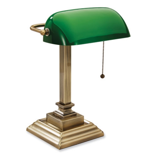 Picture of LED Banker's Lamp with Green Shade, USB Charging Port, Candlestick Neck, 15" High, Antique Brass, Ships in 4-6 Business Days