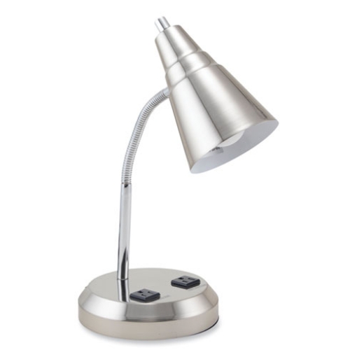 Picture of LED Gooseneck Desk Lamp with Charging Outlets, Gooseneck,15" High, Brushed Steel, Ships in 4-6 Business Days