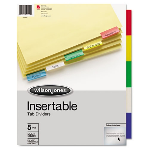 Picture of insertable tab dividers, 3-hole punched, 5-tab, 11 x 8.5, buff, assorted tabs, 1 set