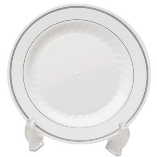 Picture of Masterpiece Plastic Dinnerware, Plate, 10.25" Dia. White/silver, 12/pack, 10 Packs/carton