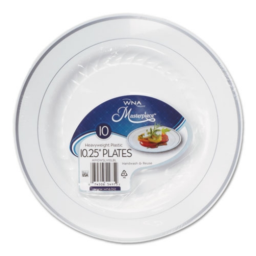 Picture of Masterpiece Plastic Plates, 10.25" Dia, White With Silver Accents, Round, 10/pack, 12 Packs/carton