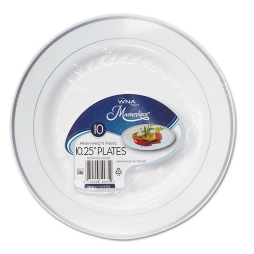 Picture of Masterpiece Plastic Dinnerware, 10.25" Dia, White/silver, 10/pack