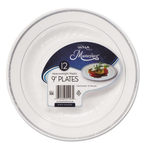 Picture of Masterpiece Plastic Plates, 9" Dia, White/silver, 10/pack, 12 Packs/carton