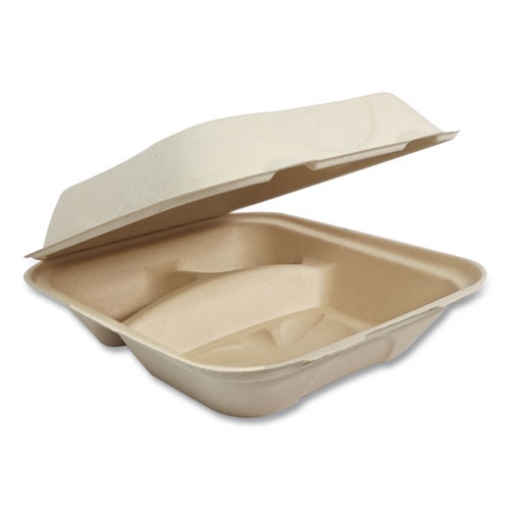 Picture of Fiber Hinged Containers, 3-Compartment, 8 x 8 x 3, Natural, Paper, 300/Carton