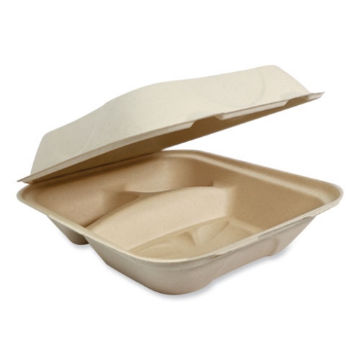 Picture of Fiber Hinged Containers, 3-Compartment, 8.8 x 8.2 x 2.9, Natural, Paper, 300/Carton