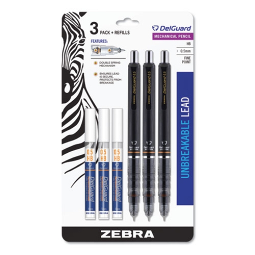 Picture of Delguard Mechanical Pencil, 0.5 mm, HB (#2), Black Lead, Black Barrel, 3/Pack