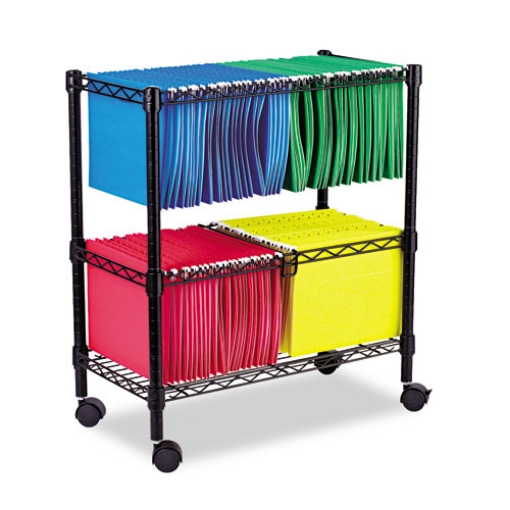 Picture of two-tier file cart for front-to-back + side-to-side filing, metal, 1 shelf, 3 bins, 26" x 14" x 29.5", black