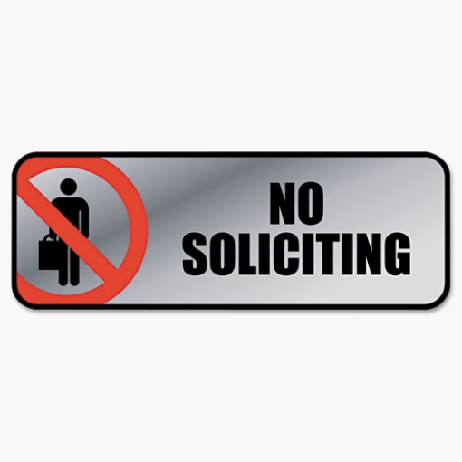 Picture of Brushed Metal Office Sign, No Soliciting, 9 X 3, Silver/red