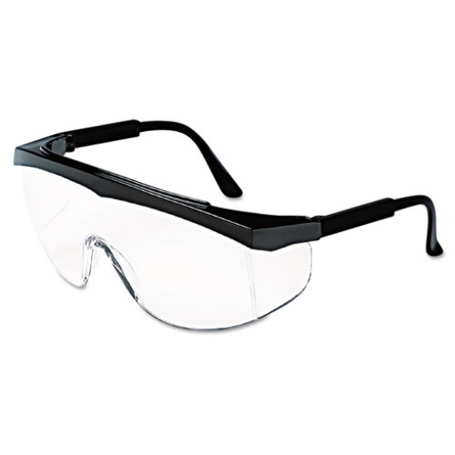 Picture of stratos safety glasses, black frame, clear lens, 12/box