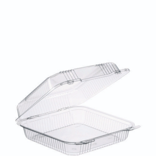 Picture of StayLock Clear Hinged Lid Containers, 8.6 x 9 x 3, Clear, Plastic, 100/Pack, 2 Packs/Carton