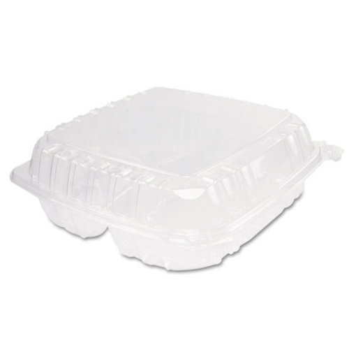 Picture of ClearSeal Hinged-Lid Plastic Containers, 3-Compartment, 9.4 x 8.9 x 3, Plastic, 100/Bag, 2 Bags/Carton