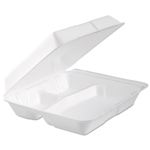 Picture of Foam Hinged Lid Container, 3-Compartment, 9.3 X 9.5 X 3, White, 100/bag, 2 Bag/carton