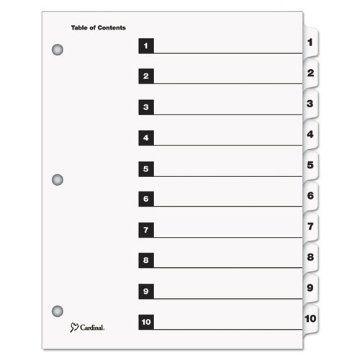 Picture of onestep printable table of contents and dividers, 10-tab, 1 to 10, 11 x 8.5, white, white tabs, 1 set