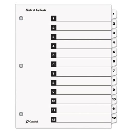 Picture of onestep printable table of contents and dividers, 12-tab, 1 to 12, 11 x 8.5, white, white tabs, 1 set