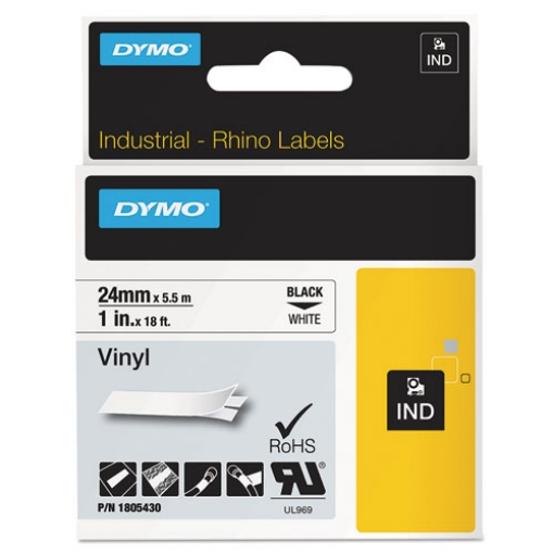 Picture of Rhino Permanent Vinyl Industrial Label Tape, 1" X 18 Ft, White/black Print