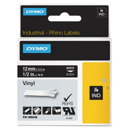 Picture of Rhino Permanent Vinyl Industrial Label Tape, 0.5" X 18 Ft, Black/white Print