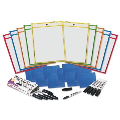 Picture of Dry Erase Pocket Class Pack, 10.5  x 1.5, Assorted Primary Colors, 10/Pack