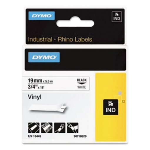 Picture of Rhino Permanent Vinyl Industrial Label Tape, 0.75" X 18 Ft, White/black Print