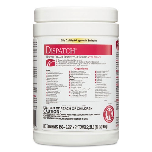 Picture of Dispatch Cleaner Disinfectant Towels, 1-Ply, 6.75 x 8, Unscented, White, 150/Canister