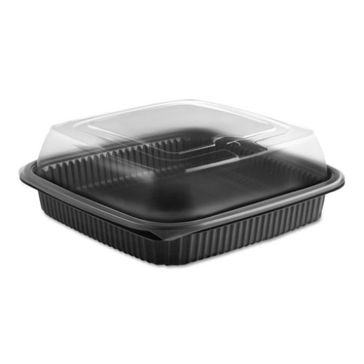 Picture of Culinary Squares 2-Piece Microwavable Container, Deep Lid, 36 oz, 8.46 x 8.46 x 2.91, Clear/Black, Plastic, 150/Carton