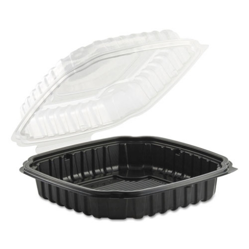 Picture of Culinary Basics Microwavable Container, 46.5 oz, 10.5 x 9.5 x 2.5, Clear/Black, Plastic, 100/Carton