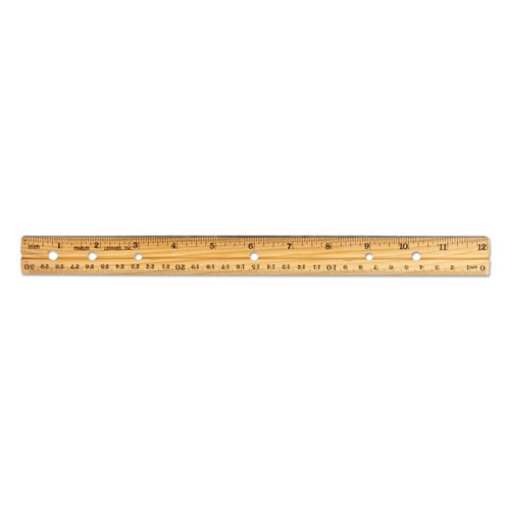 Picture of Beveled Wood Ruler w/Single Metal Edge, 3-Hole Punched, Standard/Metric, 12" Long, Natural, 36/Box