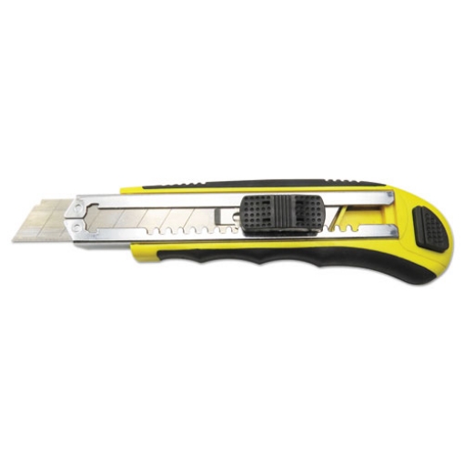 Picture of Rubber-Gripped Retractable Snap Blade Knife, 4" Blade, 5.5" Plastic/Rubber Handle, Black/Yellow