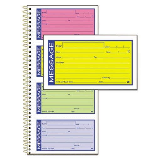 Picture of wirebound telephone book with multicolored messages, two-part carbonless, 4.75 x 2.75, 4 forms/sheet, 200 forms total