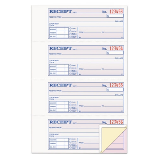 Picture of Receipt Book, Three-Part Carbonless, 7.19 x 2.75, 4 Forms/Sheet, 100 Forms Total