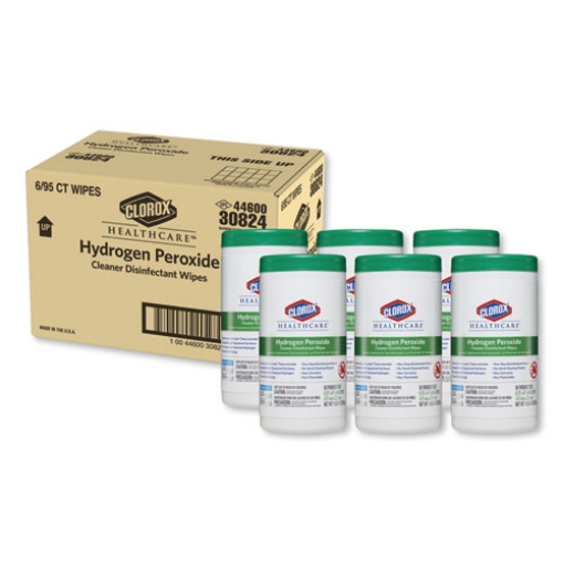 Picture of Hydrogen Peroxide Cleaner Disinfectant Wipes, 9 x 6.75, Unscented, White, 95/Canister, 6 Canisters/Carton