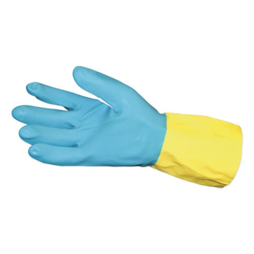 Picture of Flocked Lined Neoprene Over Latex Gloves, Powder-Free, Blue/yellow, Large, Dozen