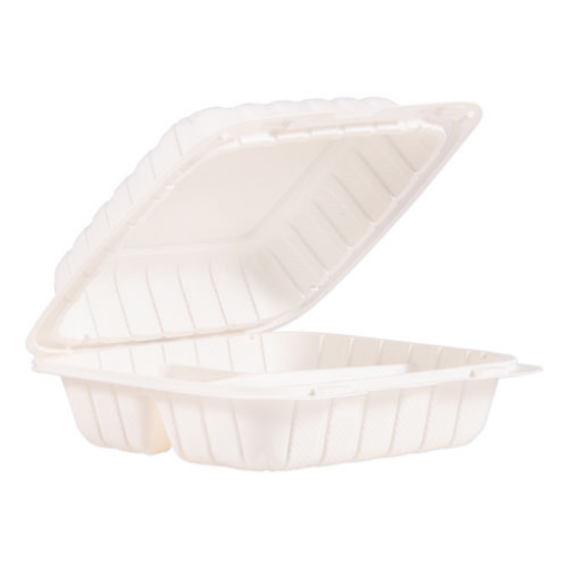 Picture of Hinged Lid Containers, 3-Compartment, 8.3 x 8 x 3, White, Plastic, 150/Carton