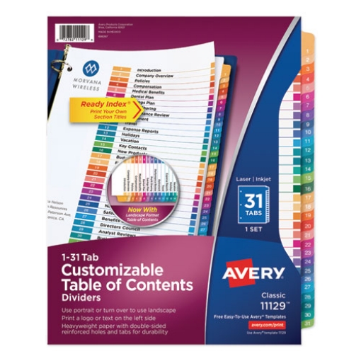 Picture of Customizable TOC Ready Index Multicolor Tab Dividers, 31-Tab, 1 to 31, 11 x 8.5, White, Traditional Color Tabs, 1 Set