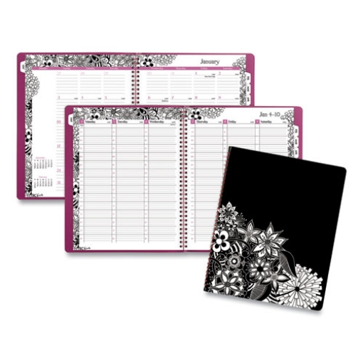 Picture of Floradoodle Weekly/Monthly Professional Planner, Adult Coloring Artwork, 11 x 8.5, Black/White Cover, 12-Month (Jan-Dec):2024