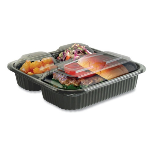 Picture of Culinary Squares 2-Piece/3-Compartment Microwavable Container, 21 oz/6 oz/6 oz, 8.46 x 8.46 x 2.5, Clear/Blk, Plastic, 150/CT