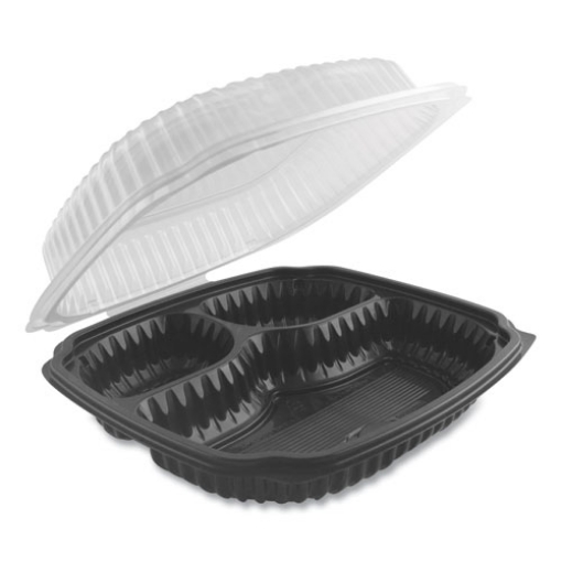 Picture of Culinary Lites Microwavable 3-Compartment Container, 20 oz/5 oz/ 5 oz, 9 x 9 x 3.13, Clear/Black, Plastic, 100/Carton
