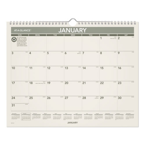 Picture of Recycled Wall Calendar, Unruled Blocks, 15 x 12, Sand/Green Sheets, 12-Month (Jan to Dec): 2024