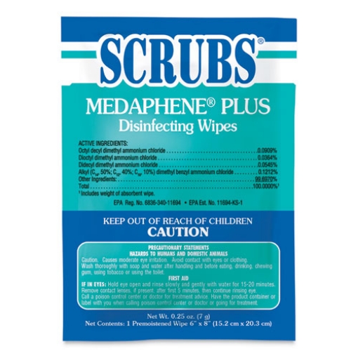 Picture of MEDAPHENE Plus Disinfectant Wet Wipes, 1-Ply, 6 x 8, Citrus, White, Individual Foil Packets, 100/Carton